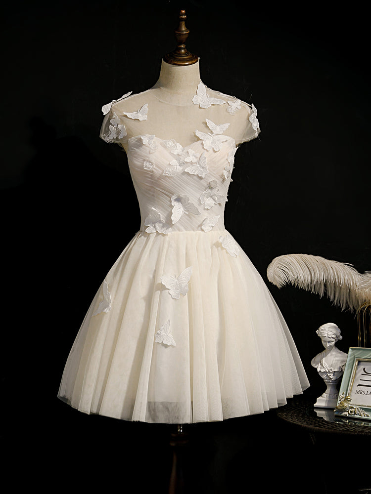 Lovely Ivory Tulle Short Prom Dress, Cap Sleeves Cute Homecoming Dress Cutedressy Lovely Ivory Tulle Short Prom Dress, Cap Sleeves Cute Homecoming Dress Cutedressy