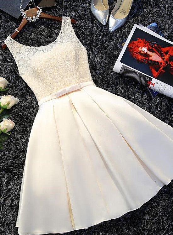 Ivory Satin Lace Round Neckline Knee Length Party Dress, Short Prom Dr Ivory Satin Lace Round Neckline Knee Length Party Dress, Short Prom Dr