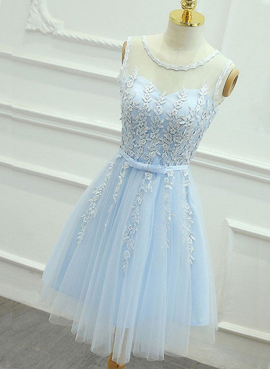 Light Blue Round Neckline Short Pretty Homecoming Dresses, Light Blue Light Blue Round Neckline Short Pretty Homecoming Dresses, Light Blue