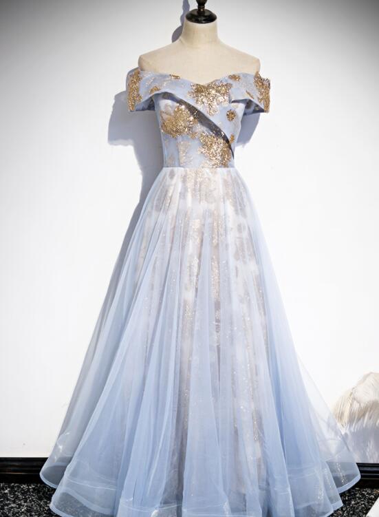 Light Blue Tulle with Gold Sequins Off Shoulder Prom Dress, Blue A-lin Cutedressy Light Blue Tulle with Gold Sequins Off Shoulder Prom Dress, Blue A-lin Cutedressy