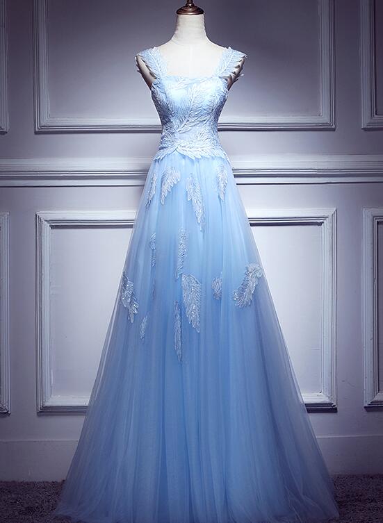 Lovely Light Blue Lace Applique Tulle Prom Dress, Blue Junior Party Dr Cutedressy Lovely Light Blue Lace Applique Tulle Prom Dress, Blue Junior Party Dr Cutedressy