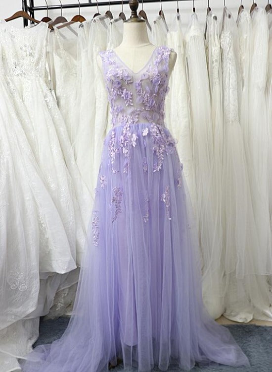 Charming Tulle Floral Light Purple Long Party Dress, A-line Prom Dress Charming Tulle Floral Light Purple Long Party Dress, A-line Prom Dress