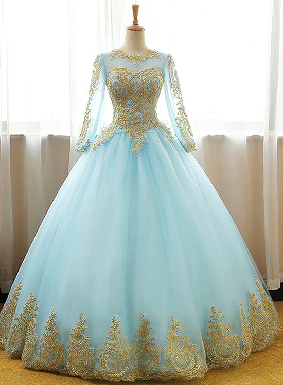 Mint Blue Long Sleeves with Gold Lace Long Party Dress, Tulle Round Ne Mint Blue Long Sleeves with Gold Lace Long Party Dress, Tulle Round Ne