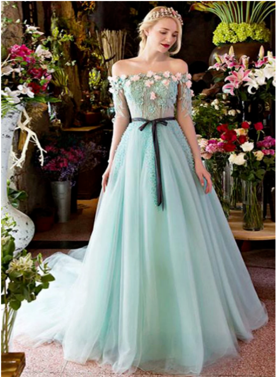 Mint Green 3D Flowers Lace Tulle Off Shoulder Party Dress, A-line Long Cutedressy Mint Green 3D Flowers Lace Tulle Off Shoulder Party Dress, A-line Long Cutedressy