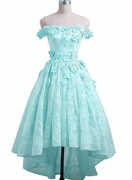 Mint Green Lace Off Shoulder High Low Party Dress, Short Prom Dress Fo Cutedressy Mint Green Lace Off Shoulder High Low Party Dress, Short Prom Dress Fo Cutedressy