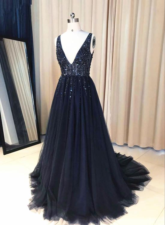 Navy Blue V-neckline Beaded Long Prom Dress, Chic Tulle Sparkle Formal Cutedressy Navy Blue V-neckline Beaded Long Prom Dress, Chic Tulle Sparkle Formal Cutedressy