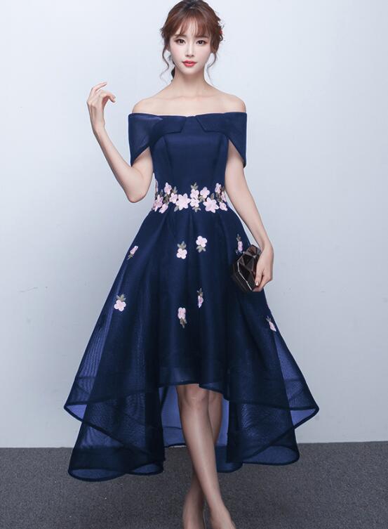 Chic Off The Shoulder Navy Blue High Low Prom Dresses, Blue Homecoming Cutedressy Chic Off The Shoulder Navy Blue High Low Prom Dresses, Blue Homecoming Cutedressy