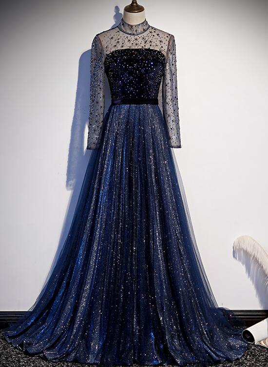 Navy Blue Long Sleeves Shiny Sparkle Long Evening Dress, Sequins Blue