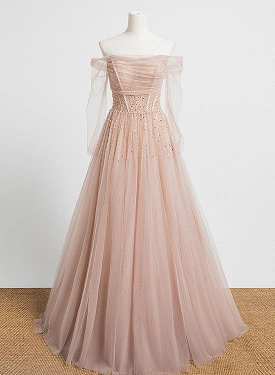 Pearl Pink Off Shoulder Long Sleeves Sequins Prom Dress, A-line Party Cutedressy Pearl Pink Off Shoulder Long Sleeves Sequins Prom Dress, A-line Party Cutedressy