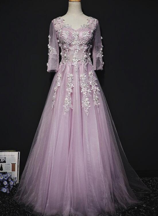 Pink Long Sleeves Tulle with Flowers V-neckline Prom Dress, A-line Pin Cutedressy Pink Long Sleeves Tulle with Flowers V-neckline Prom Dress, A-line Pin Cutedressy
