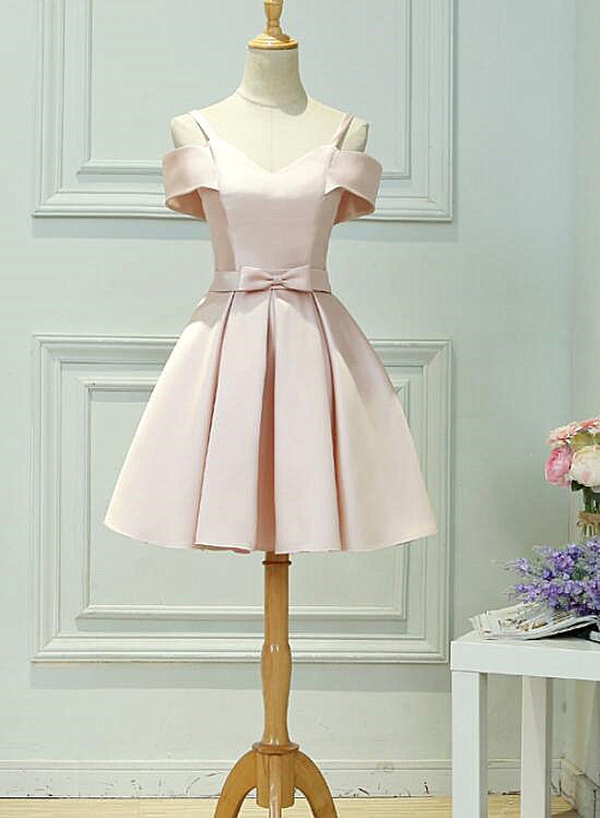 Light Pink Satin Knee Length Off Shoulder Party Dress, Short Pink Home Light Pink Satin Knee Length Off Shoulder Party Dress, Short Pink Home