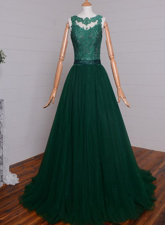 Dark Green Tulle with Lace Applique Long Prom Dress, A-line Evening Dr