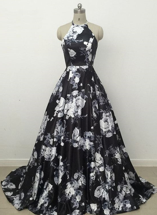 Charming Black Floral Satin Halter Long Formal Dress, Junior Prom Dres Cutedressy Charming Black Floral Satin Halter Long Formal Dress, Junior Prom Dres Cutedressy