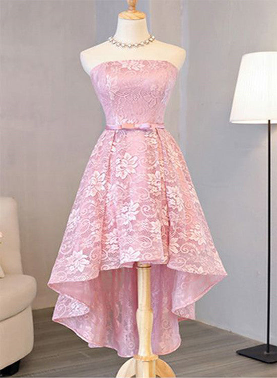 Pink Lace Lovely High Low Homecoming Dresses, Pink Short Prom Dresses