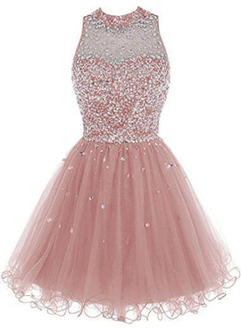 Pink Tulle Round Neckline Short Party Dress, Sequins Party Dress, Handmade Party Dresses