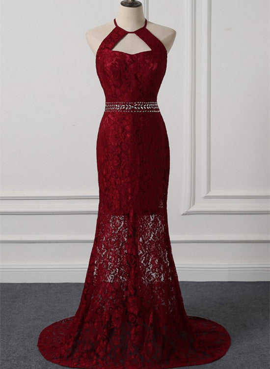 Beautiful Dark Red Lace Halter Beaded Evening Dress, Mermaid Prom Dres Cutedressy Beautiful Dark Red Lace Halter Beaded Evening Dress, Mermaid Prom Dres Cutedressy