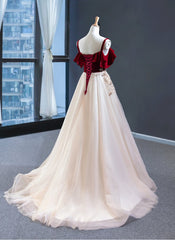 Beautiful Straps Long Tulle with Velvet Prom Dress, A-line Formal Dress Evening Dress