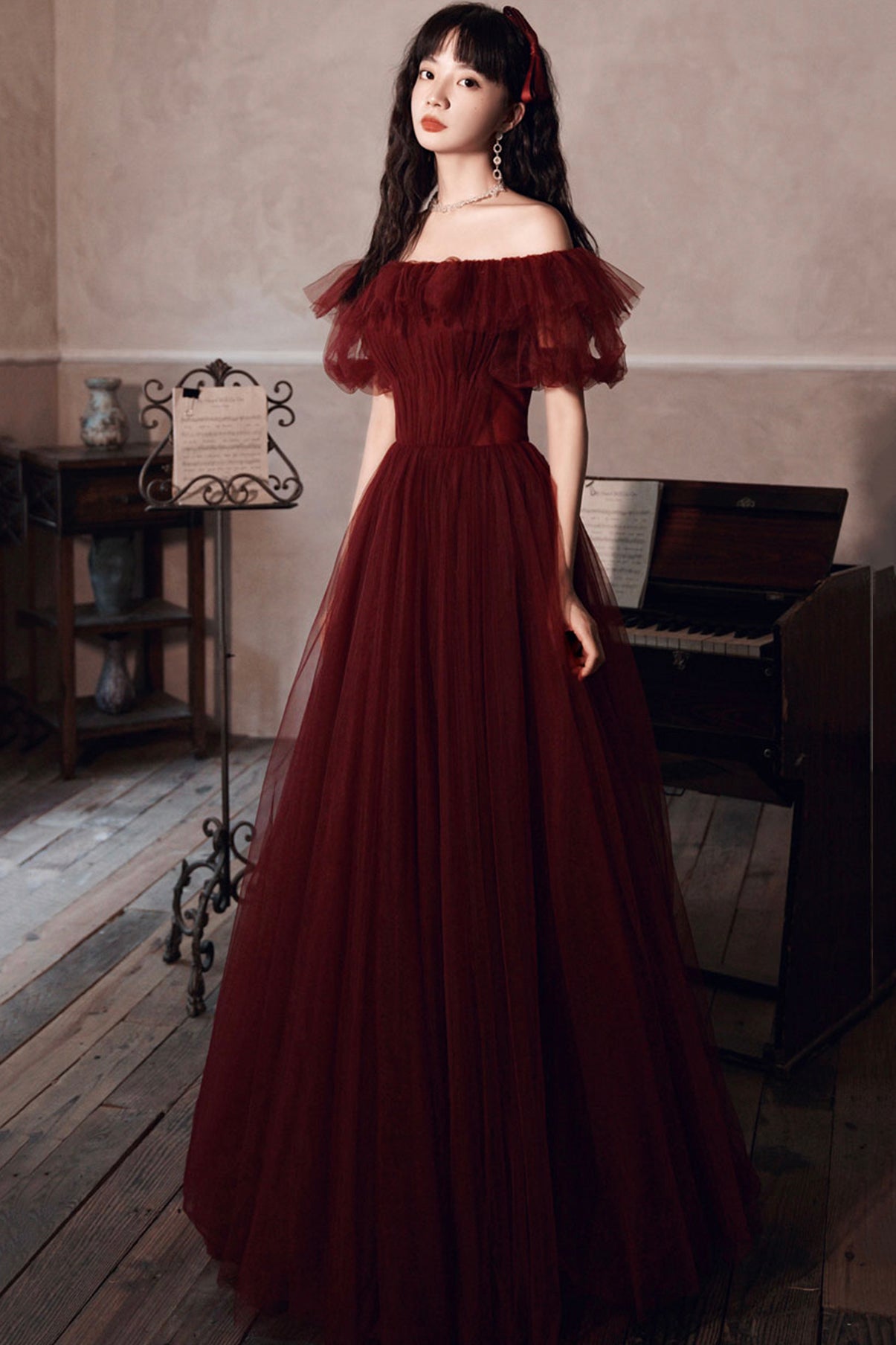 Burgundy Off Shoulder Scoop Long Formal Dress, Burgundy A-line Evening Cutedressy Burgundy Off Shoulder Scoop Long Formal Dress, Burgundy A-line Evening Cutedressy