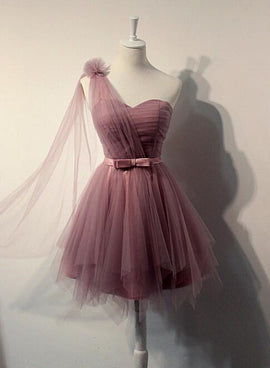 One Shoulder Tulle Dark Pink Short Formal Dress , Cute Pink Party Dress