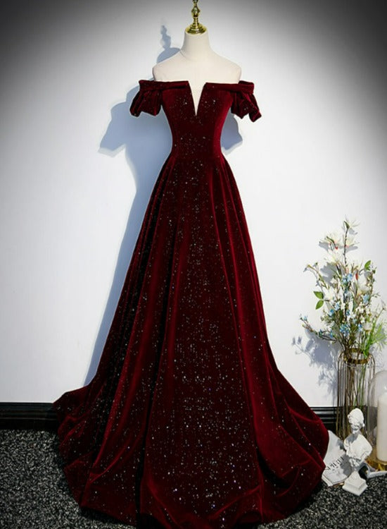 Beautiful Wine Red Off Shoulder Velvet Long Party Dress, A-line Dark R Cutedressy Beautiful Wine Red Off Shoulder Velvet Long Party Dress, A-line Dark R Cutedressy
