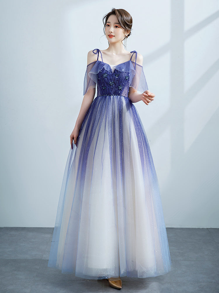 Purple Tulle Gradient Straps Beaded Long Party Dress, New Style A-line Cutedressy Purple Tulle Gradient Straps Beaded Long Party Dress, New Style A-line Cutedressy