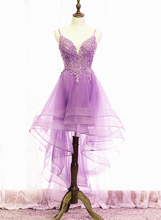Cute Light Purple Fashionable Homecoming Dress, High Low Straps Prom Dress