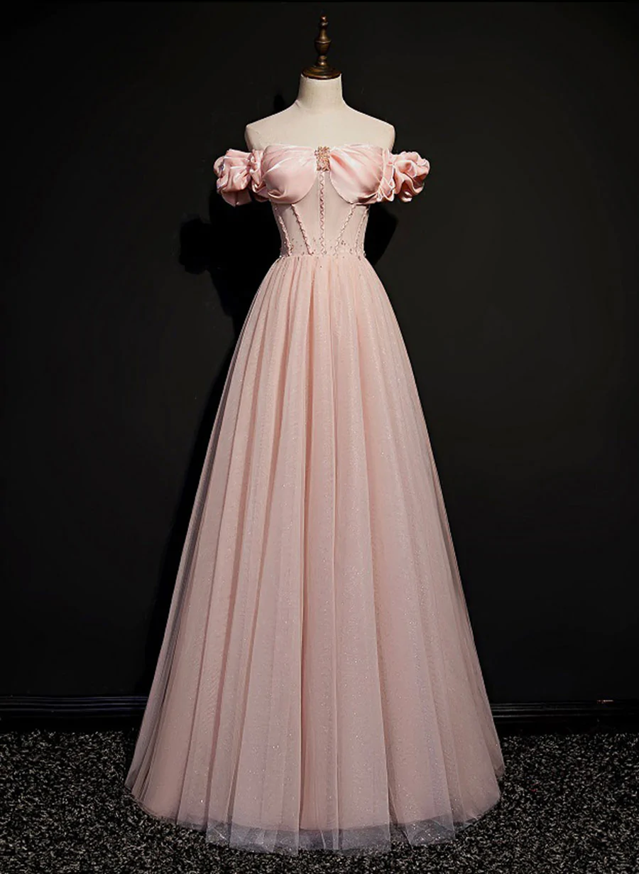 Pink Sweetheart Beaded Tulle Long Prom Dress, A-line Pink Evening Dres Cutedressy Pink Sweetheart Beaded Tulle Long Prom Dress, A-line Pink Evening Dres Cutedressy