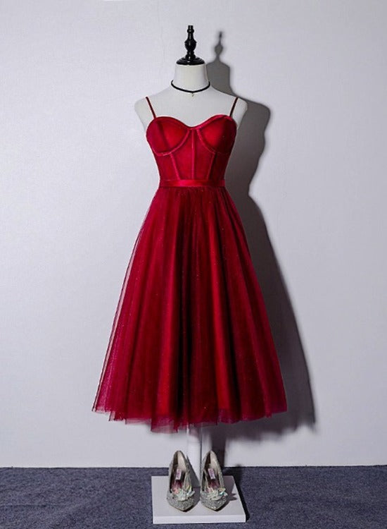 Beautiful Dark Red Tea Length Straps Wedding Party Dress, Homecoming D Cutedressy Beautiful Dark Red Tea Length Straps Wedding Party Dress, Homecoming D Cutedressy