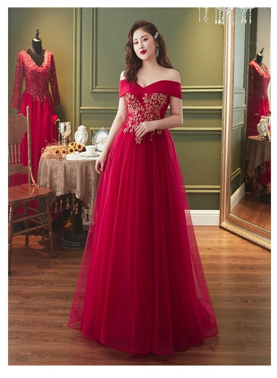 Red Plus Size Tulle Off Shoulder Long Evening Dress, Red A-line Prom D Cutedressy Red Plus Size Tulle Off Shoulder Long Evening Dress, Red A-line Prom D Cutedressy