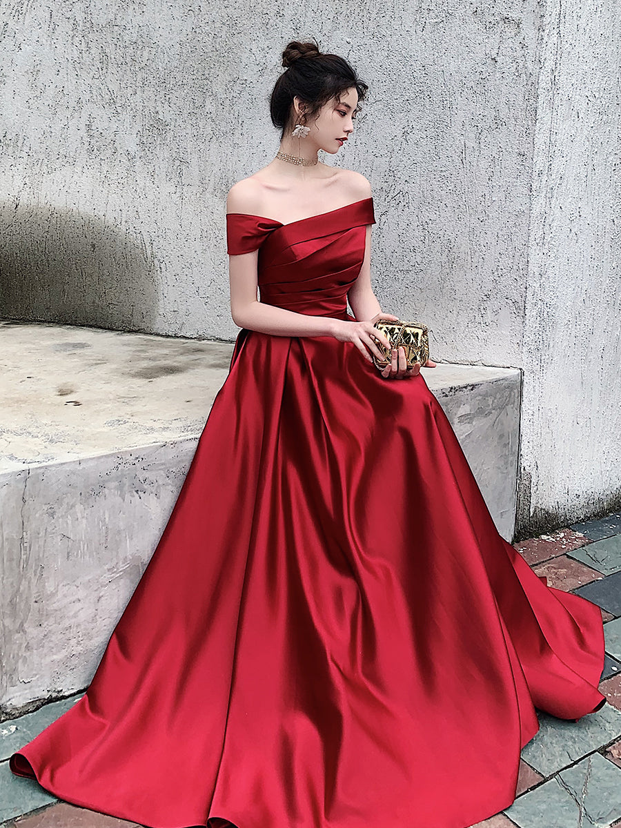Red Satin Off Shoulder Fashionable Long Prom Dress, New Style Party Dr