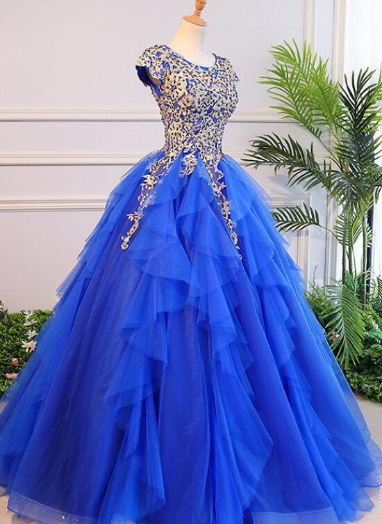 Royal Blue Cap Sleeves Long Ball Gown Party Dress, Blue Prom Dress Cutedressy Royal Blue Cap Sleeves Long Ball Gown Party Dress, Blue Prom Dress Cutedressy