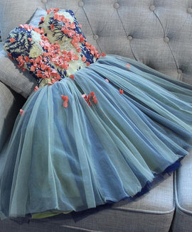 Charming Short Party Dress , Tulle Formal Dress with Flower Lace Applique