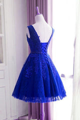 Royal Blue Lace Applique Tulle Knee Length Homecoming Dress, Charming Short Prom Dress Royal Blue Lace Applique Tulle Knee Length Homecoming Dress, Charming Short Prom Dress