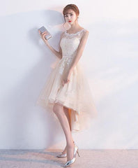 Champagne Lace Round Neckline High Low Tulle Formal Dress, Cute Party Dresses Champagne Lace Round Neckline High Low Tulle Formal Dress, Cute Party Dresses