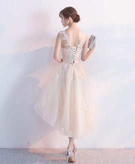 Champagne Lace Round Neckline High Low Tulle Formal Dress, Cute Party Dresses