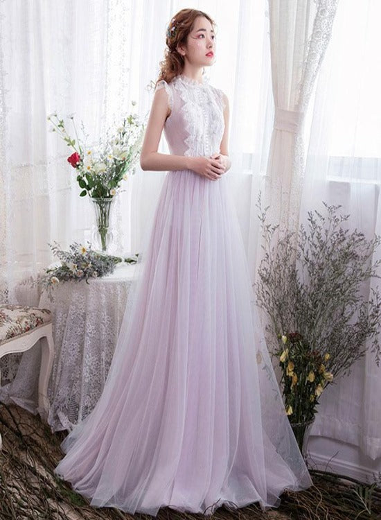 Light Lavender Tulle with Lace Long Evening Dress, Elegant Prom Dress Cutedressy Light Lavender Tulle with Lace Long Evening Dress, Elegant Prom Dress Cutedressy