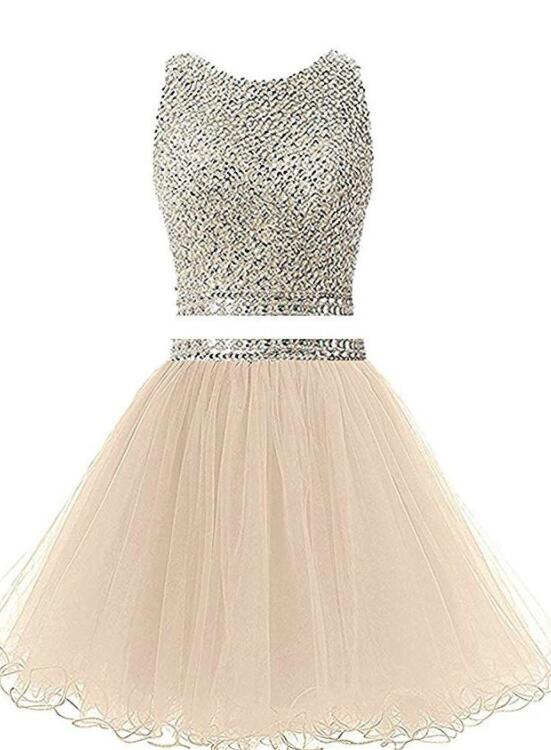 Two Piece Champagne Cute Short Sequins Party Dress, Round Neckline Pro Cutedressy Two Piece Champagne Cute Short Sequins Party Dress, Round Neckline Pro Cutedressy
