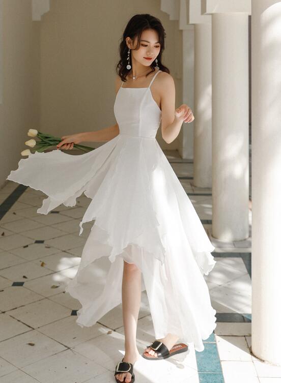 White Chiffon High Low Chic Simple Wedding Party Dress, White Short Pr Cutedressy White Chiffon High Low Chic Simple Wedding Party Dress, White Short Pr Cutedressy
