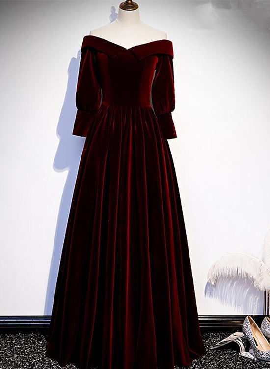 Chic Off Shoulder Long Sleeves Velvet Party Dress, Wine Red Prom Dress Cutedressy Chic Off Shoulder Long Sleeves Velvet Party Dress, Wine Red Prom Dress Cutedressy