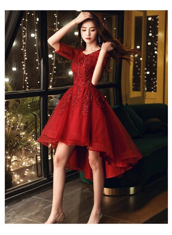 Dark Red High Low Tulle Short Sleeves Flowers Party Dress, Homecoming Cutedressy Dark Red High Low Tulle Short Sleeves Flowers Party Dress, Homecoming Cutedressy