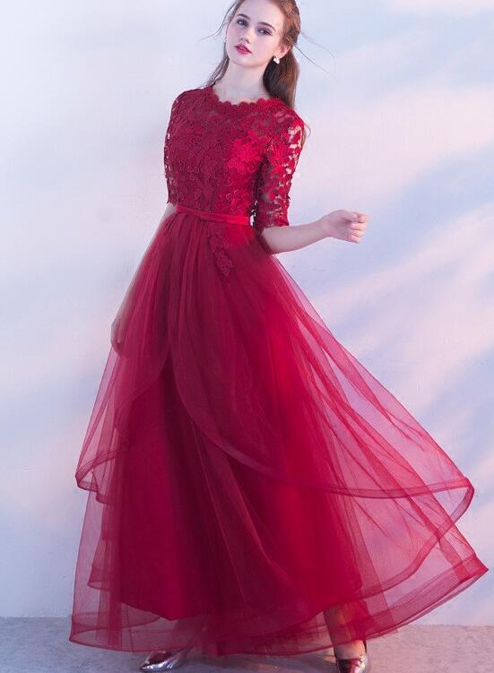 Wine Red Lace 1/2 Sleeves Tulle Long Party Dress, A-line Layers Tulle – Cutedressy Wine Red Lace 1/2 Sleeves Tulle Long Party Dress, A-line Layers Tulle – Cutedressy