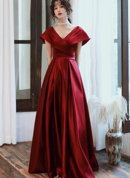 Fashionable Wine Red Satin A-line Floor Length Junior Prom Dress, Long Fashionable Wine Red Satin A-line Floor Length Junior Prom Dress, Long