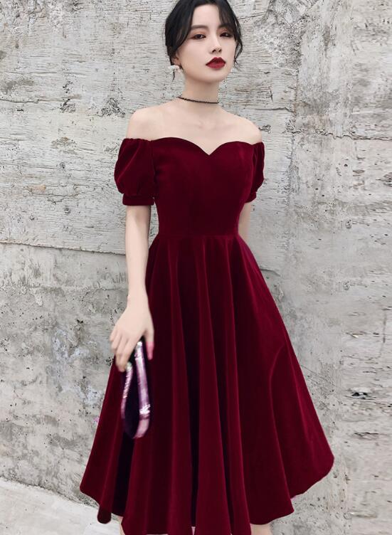 Wine Red Short Velvet Evening Dresses, Off Shoulder Prom Dresses Bride Wine Red Short Velvet Evening Dresses, Off Shoulder Prom Dresses Bride