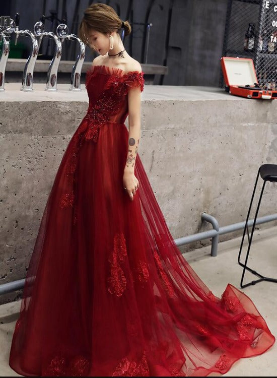 Wine Red Tulle with Beadings and Lace Off Shoulder Evening Gown, Wine Wine Red Tulle with Beadings and Lace Off Shoulder Evening Gown, Wine