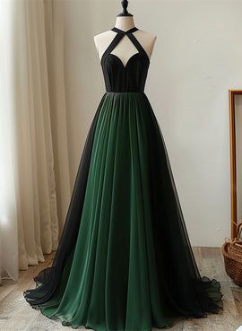 Black and Green Chiffon Haler Chic Party Dress, Black and Green Prom Dress
