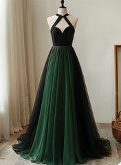 Black and Green Chiffon Haler Chic Party Dress, Black and Green Prom Dress