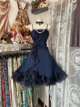 Cute Navy Blue Knee Length Straps Short Party Dress, Navy Blue Homecoming Dress