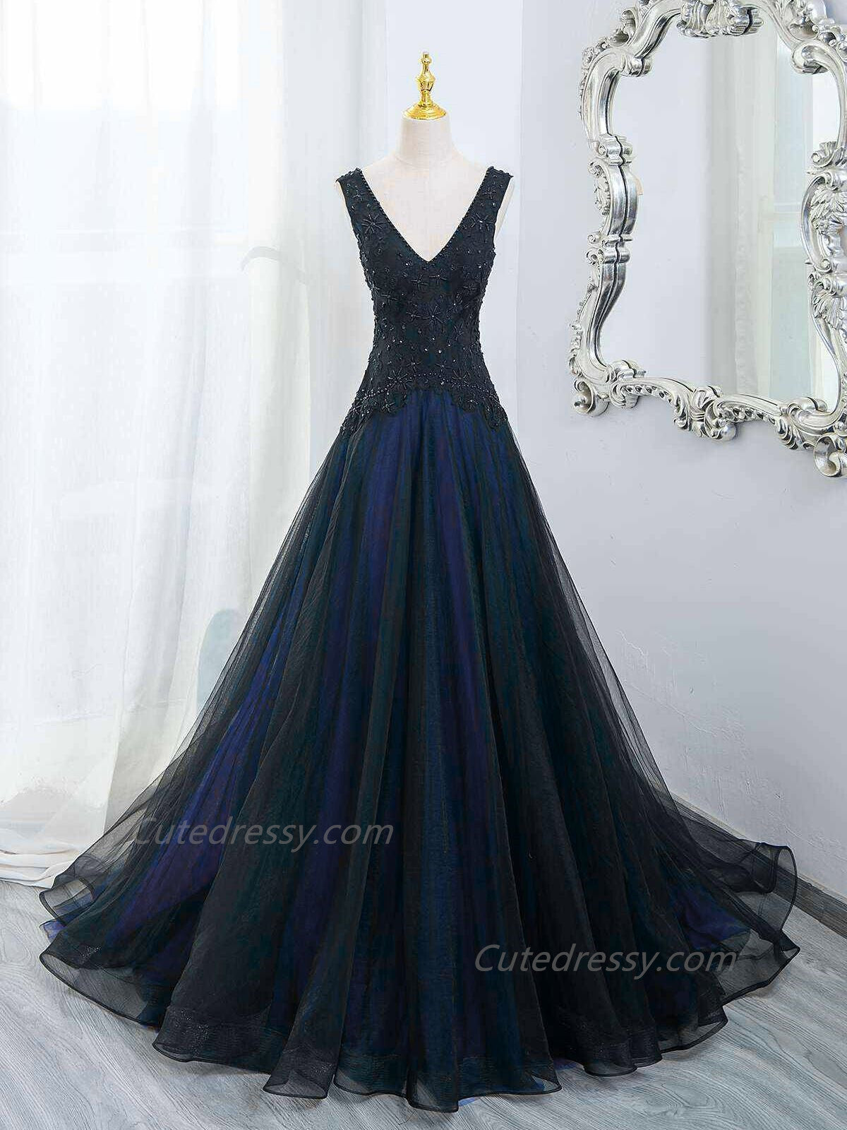 A-line Black and Blue Tulle V-neckline Long Party Dress with Lace, Blue and Black Prom Dress