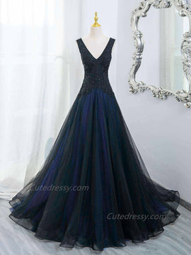 A-line Black and Blue Tulle V-neckline Long Party Dress with Lace, Blue and Black Prom Dress
