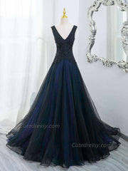 A-line Black and Blue Tulle V-neckline Long Party Dress with Lace, Blue and Black Prom Dress